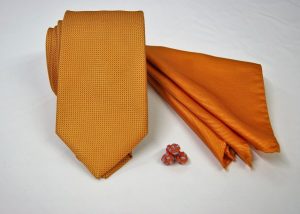Set Cravatta Pochette Jacquard – Gemelli Cotone – fondo arancio – COD.SET003 – seta 100% - made in Italy