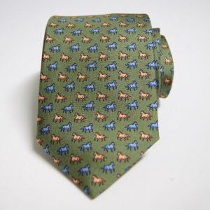 Cravatta – Twill ¬– Fondo Verde – Disegno Animaletti – Cavallo - COD.N139 – seta 100% - made in Italy