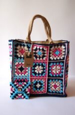 Multicolor Bag with Juta Handles Handmade Crochet 30x28x17 and document holder 100% Cotton Made in Italy COD.BOJ001